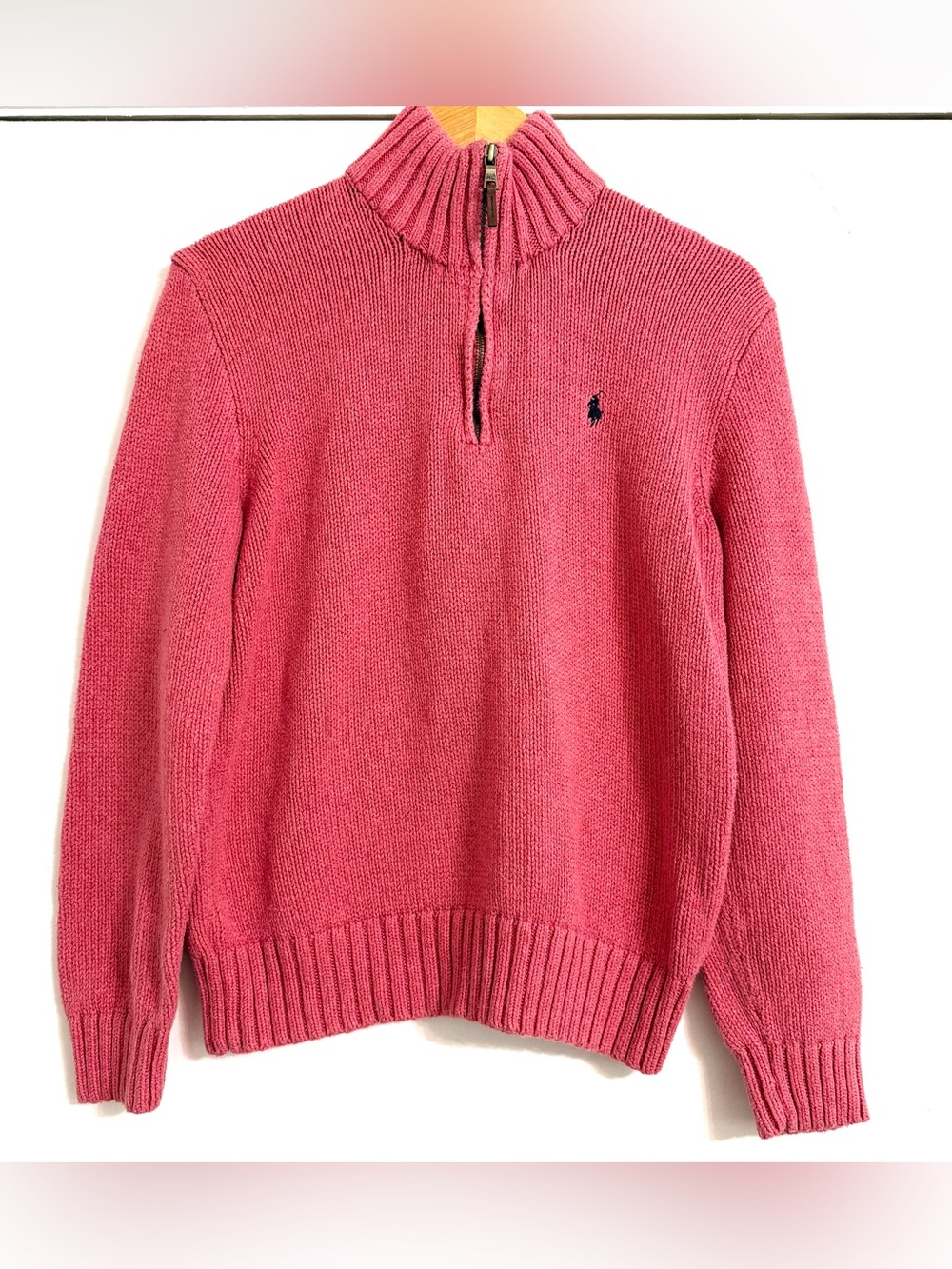 Polo Ralph Lauren Mens Small Pink Quarter Zip Mock Neck Knit Sweater Vintage